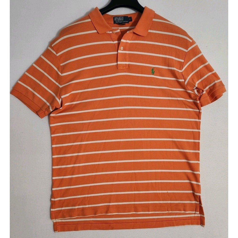 Polo Ralph Lauren Mens Large Orange White Striped Polo Shirt Short Sleeve Read
